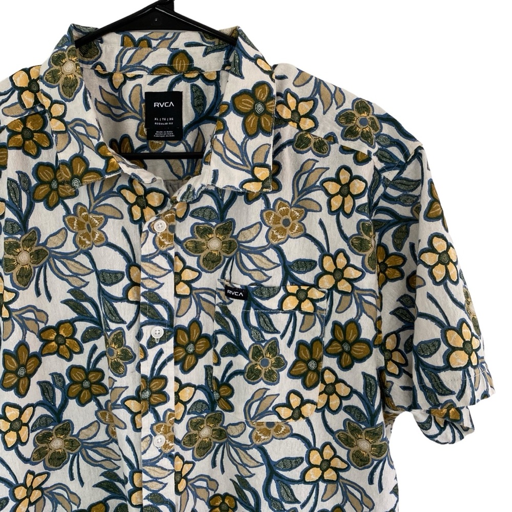 RVCA Men's Short Sleeve Floral Button-Down Shirt in White, Green, Gold